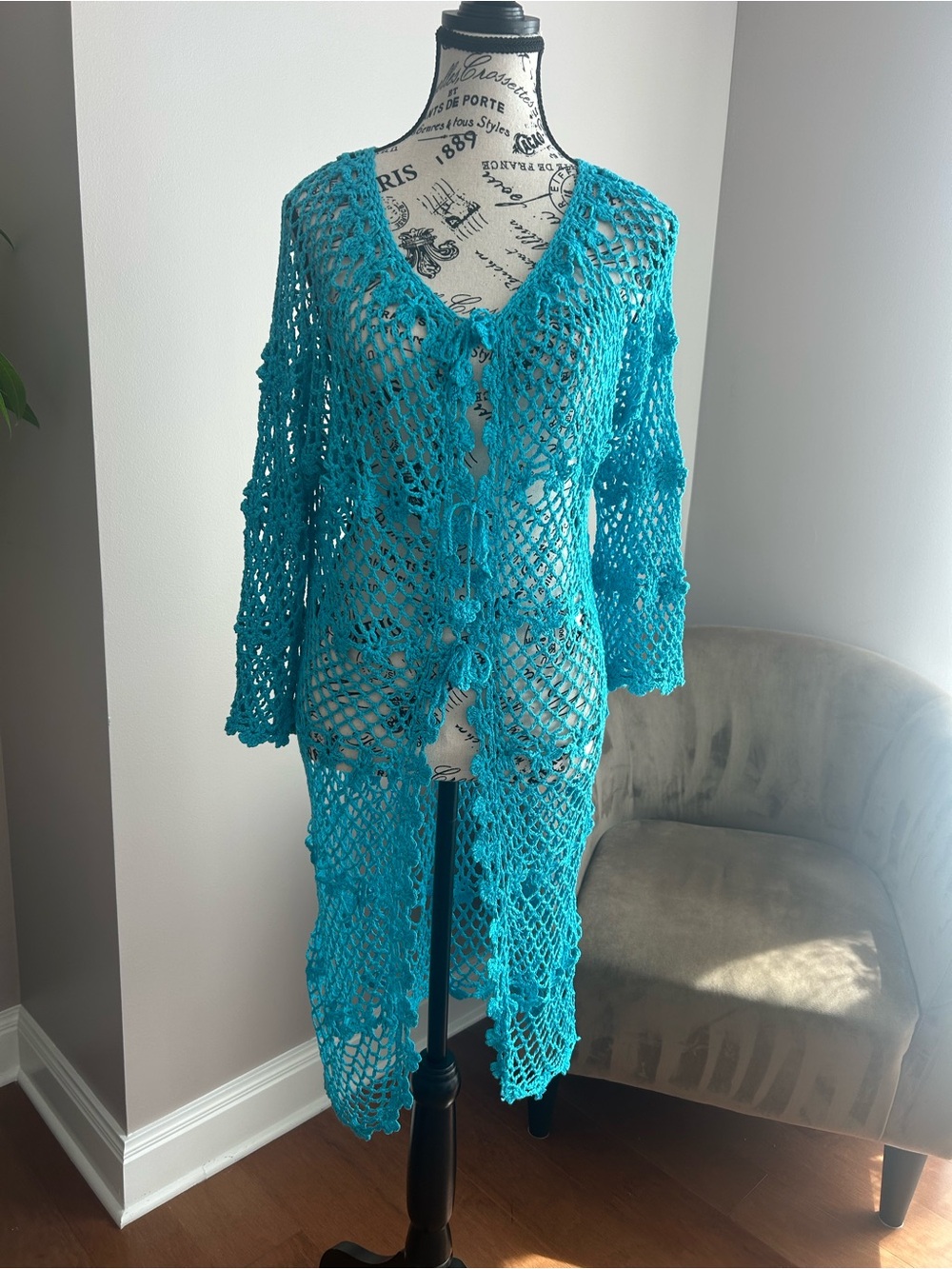 Handmade Crochet Turquoise Long Duster Cardigan Beach Cover Up Tie Front S/M